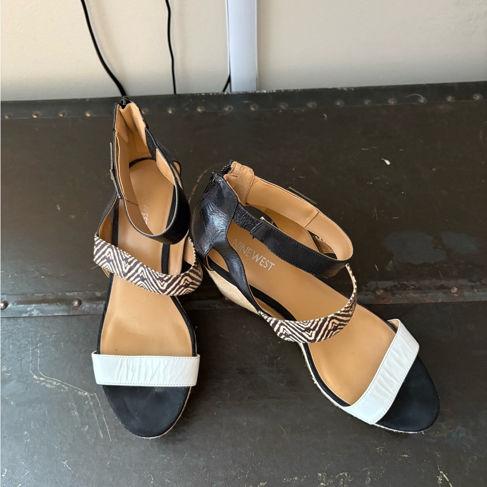 Nine West Black and White Wedge Sandals